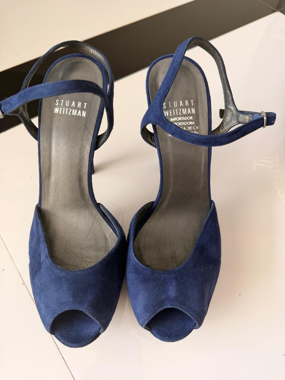 Stuart Weitzman Navy Blue Suede Peep-Toe Ankle-Strap Heels